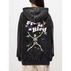 Trend Womans Acid Wash Hoodies Free As Bird Skeleton Man Prints Sweatshirts Oversize Pocket Cotton Hooded Clothes