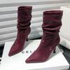 Fashion Luxury Rhinestone Pleated Design Elastic Women's Boots Sexy Pointed Toe Ankle Boots for Women Winter Warm Banquet High Heels