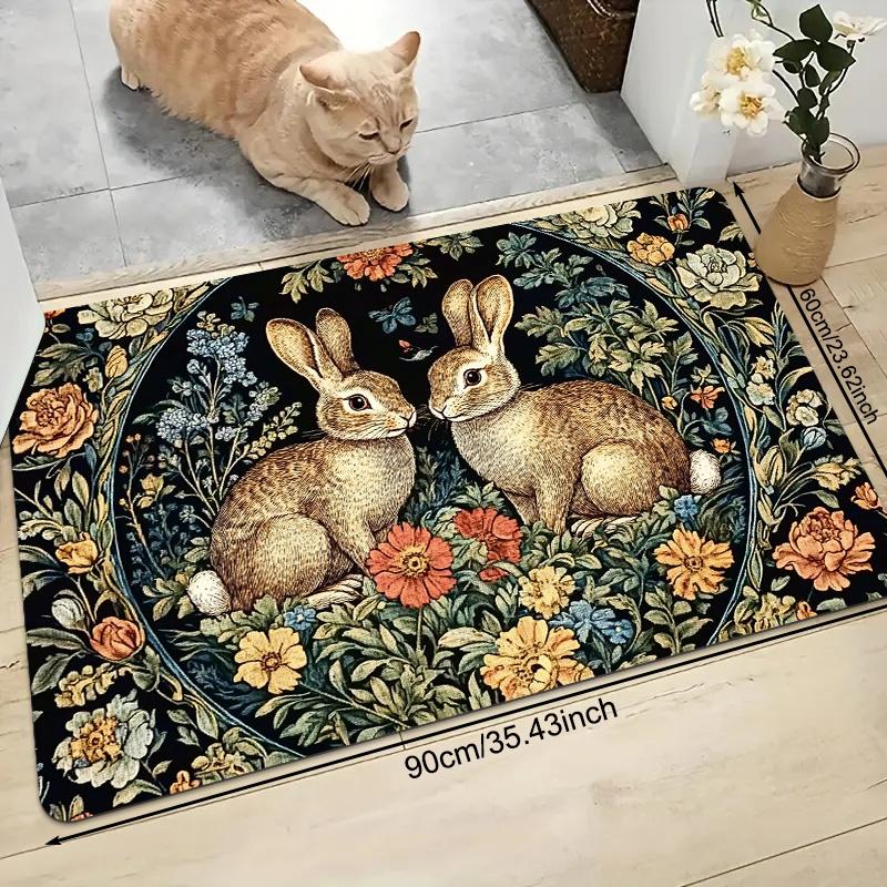 VIKAMA Vintage Floral Rabbit Doormat Indoor/Outdoor Area Rug Soft Non-Slip Living Room & Balcony Mat Home Decor