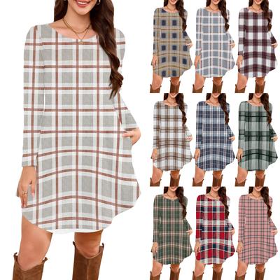 Женское платье-футболка с длинным рукавом, круглым вырезом, длиной до колена, свободного кроя, повседневное и с карманами