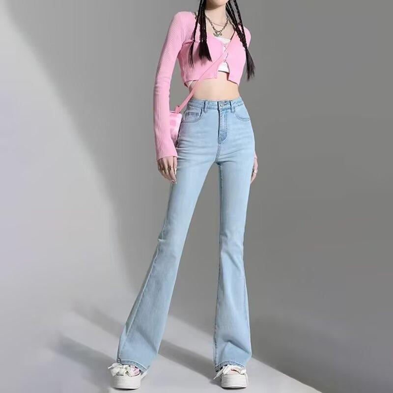 Small light blue slightly pulled jeans women's spring and summer thin high-waisted elastic flared pants cover the meat and show thinness nine-point