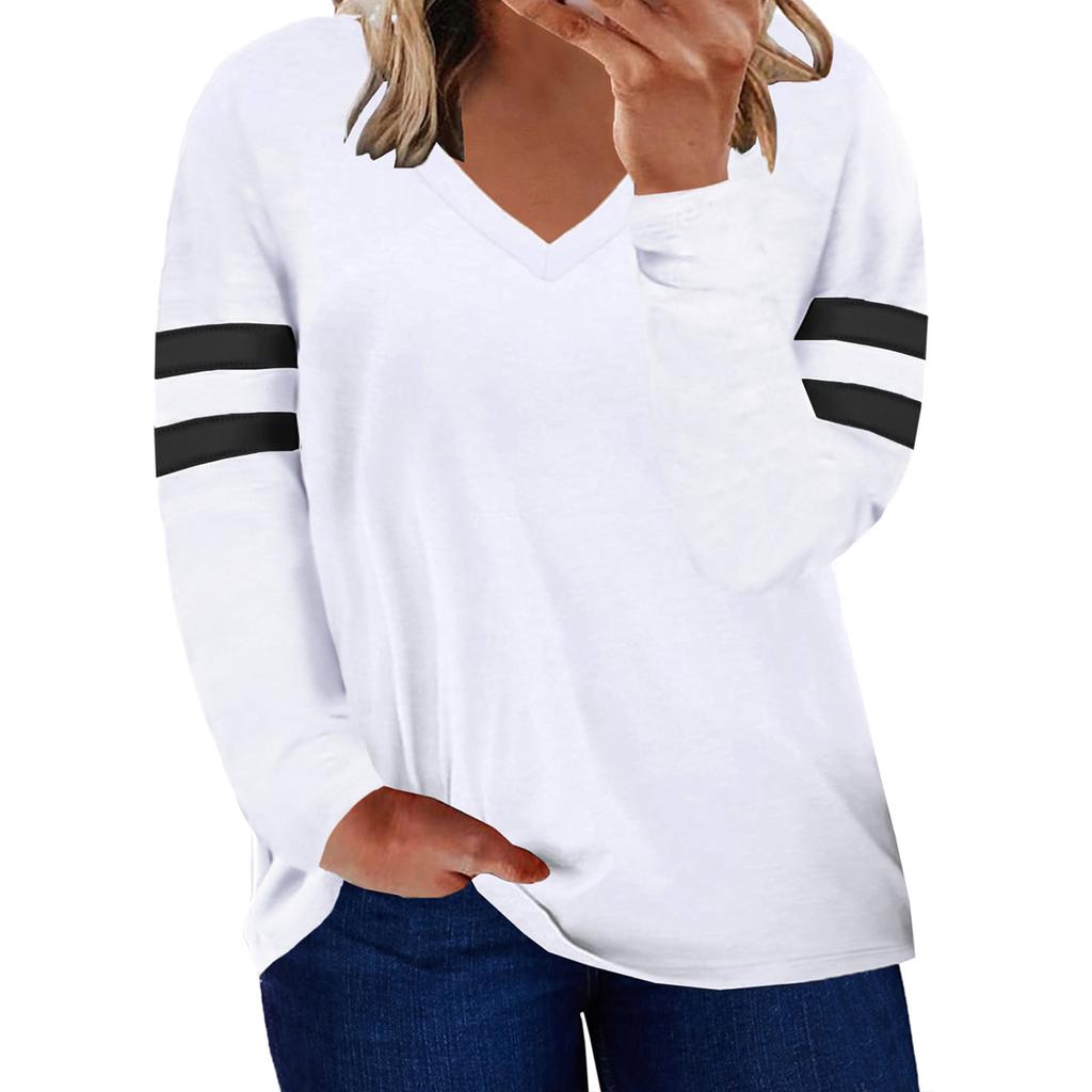 Women's Casual V Neck Pullover Long Sleeve Striped Colorblock Oversized Shirts