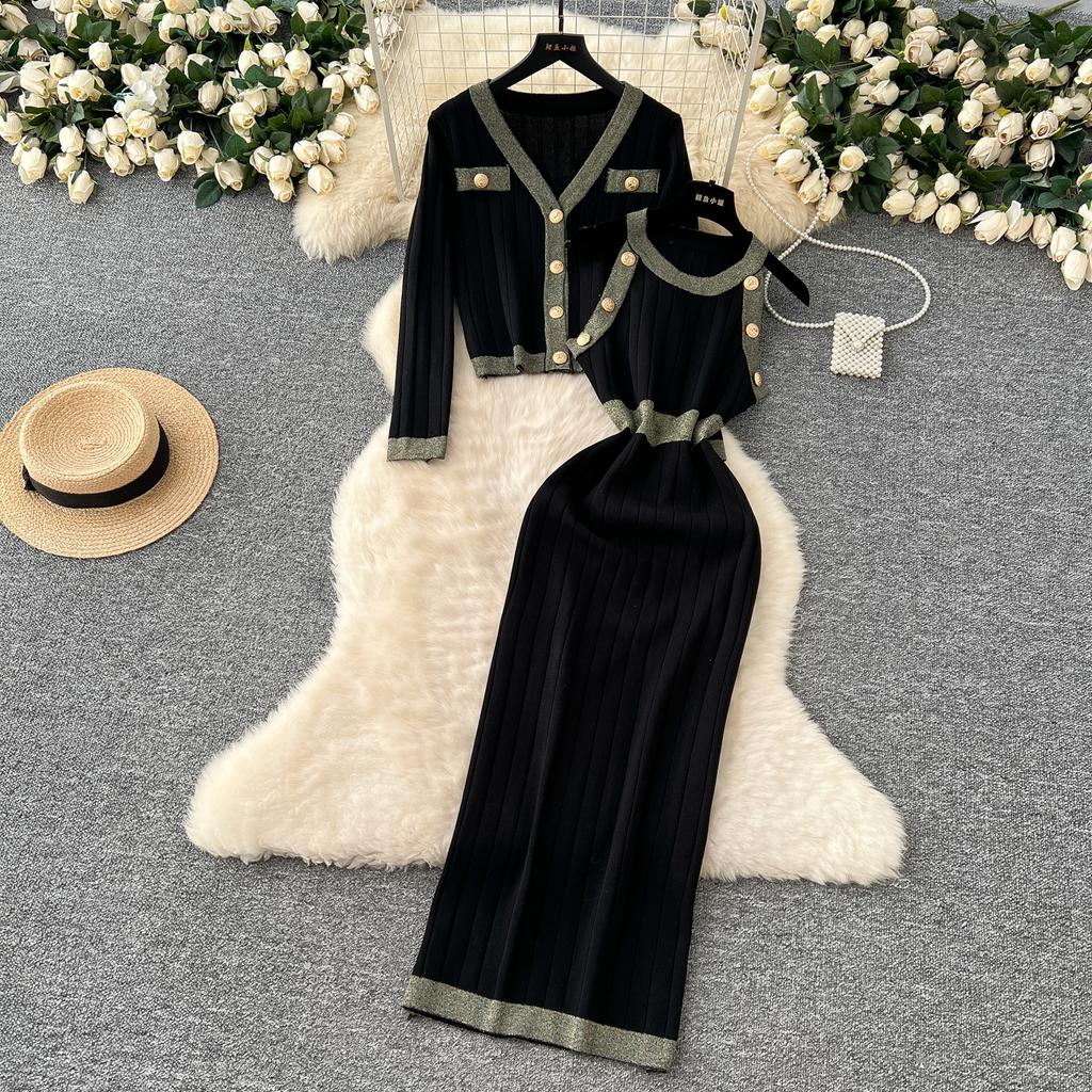 Autumn Winter Women Knitted Sweater Two Piece Set V-neck Jacket Coat and Sleeveless Long Midi Slim Bodycon Sheath Dress Suit