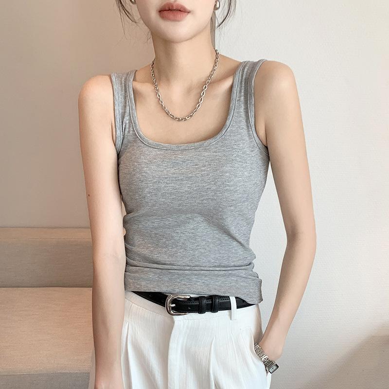 Stylish Elegance Fashion Female Casual Vest H237 Spring and Summer Wide Shoulder Vest Women Big U Neck Bottom Inner Small Vest Women Sleeveless Canvas