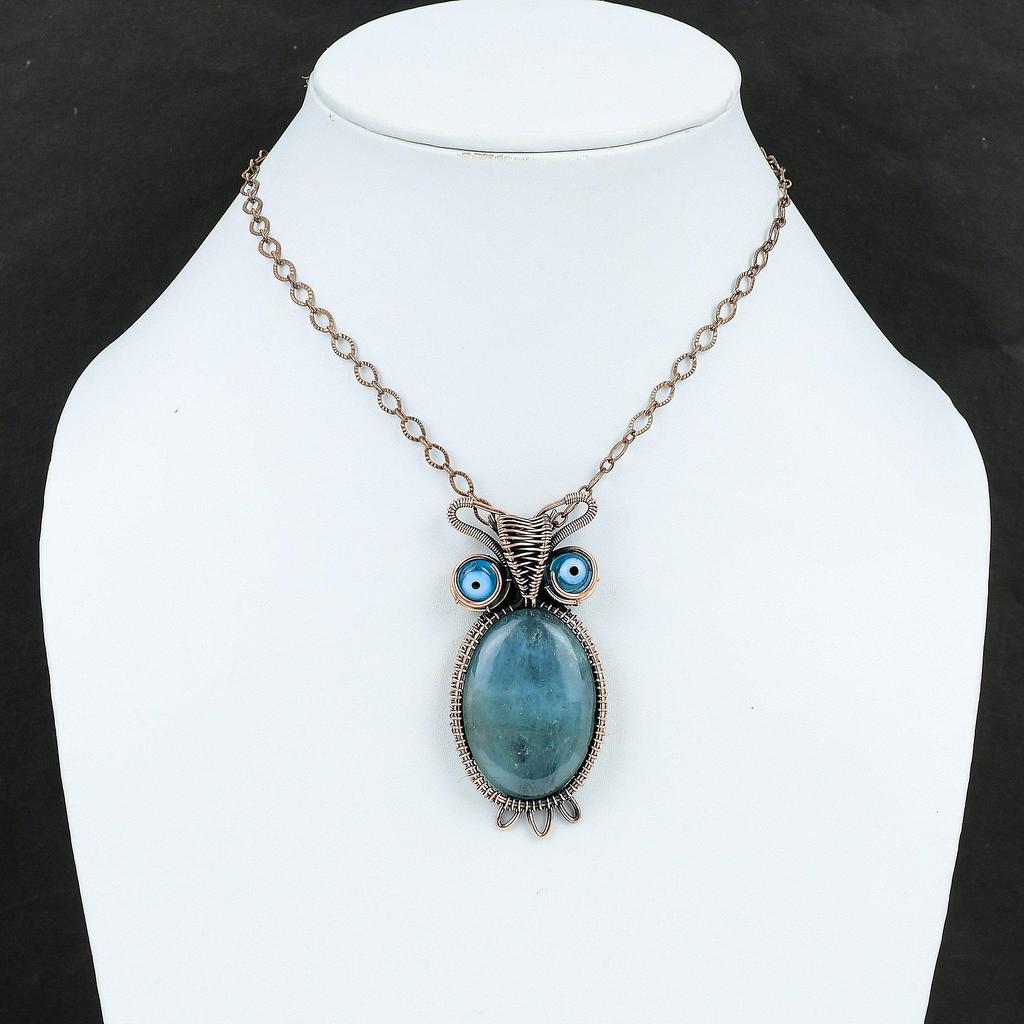 Aquamarine Pendant Copper Wire Wrapped Gemstone Pendant Blue Color Evil Eye Pendant Owl Pendant Handmade Copper Wire Jewelry Gift For Mother