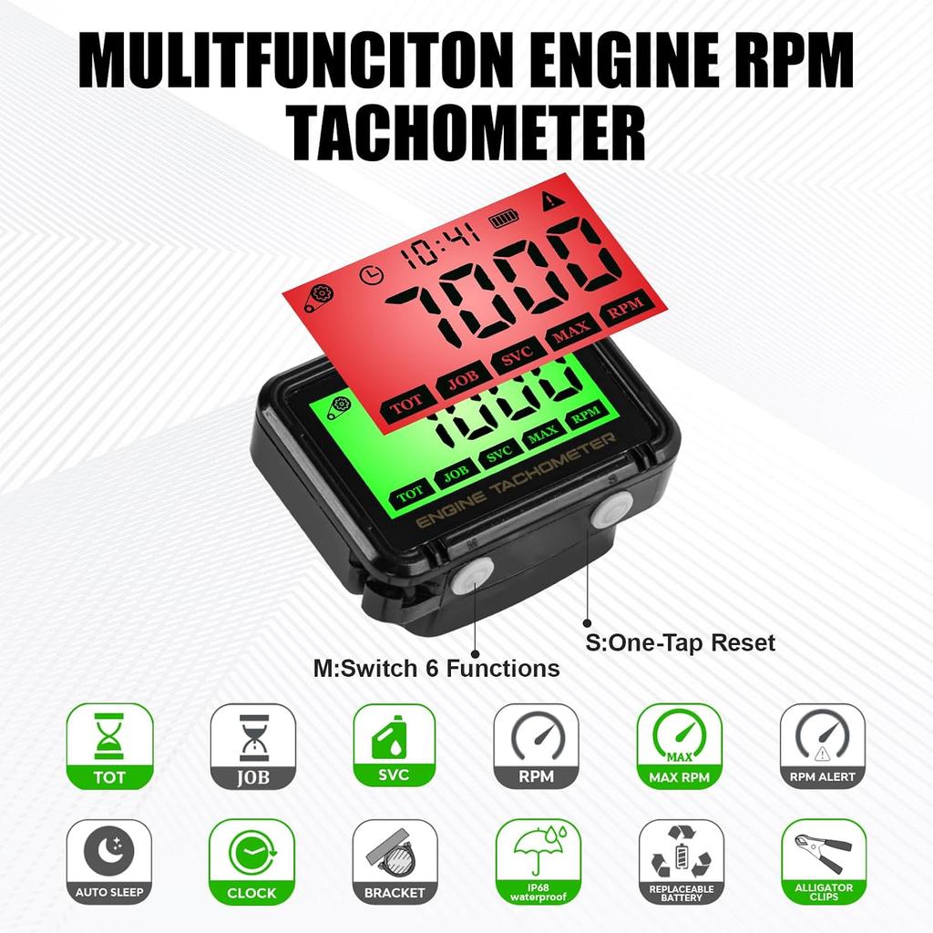 Digital Engine Tachometer & Hour Meter Mini Tach Gauge with Clip & Backlight Display Inductive for Gas Small Engine Lawn Mower RV Chainsaws Outboard