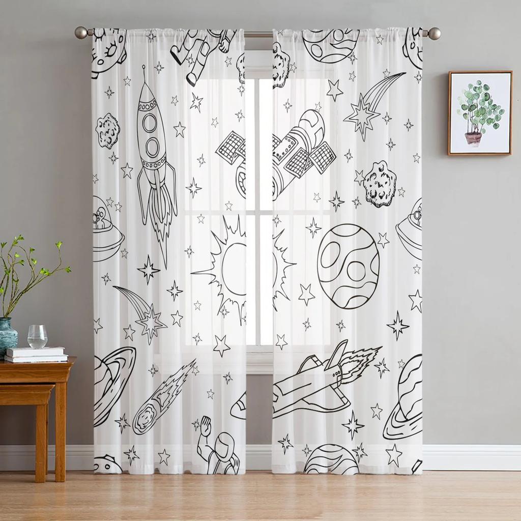 Астронавт, космос, луна, тюлевые шторы для гостиной, спальни, кухни, украшения, шифоновая прозрачная вуаль, оконные шторы, индивидуальная драпировка