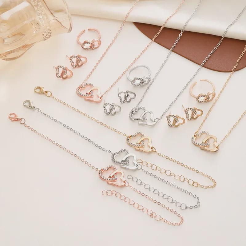 2024 Elegant European-American Double Heart Bridal Necklace Set - Light Luxury Jewelry Four-Piece