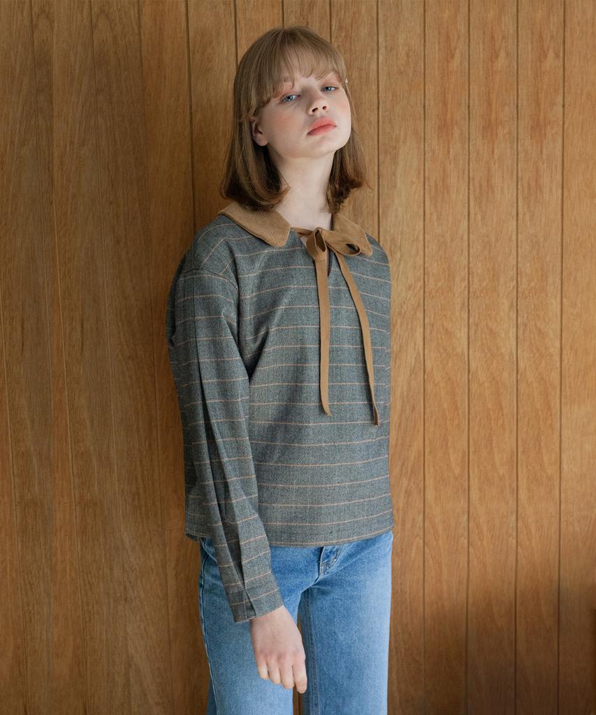 DEAR,PEER Check Ribbon Top Gray