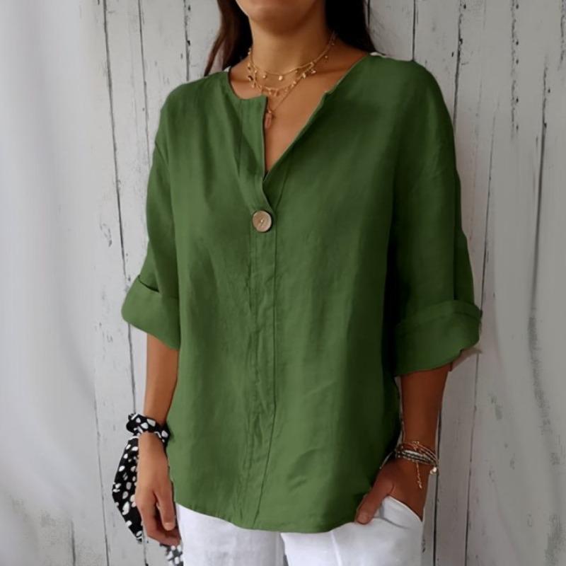 VEZFAA Women's Fashion Casual Summer Spring Solid Color Print 3/4 Sleeves V-Neck Blouses & Shirts