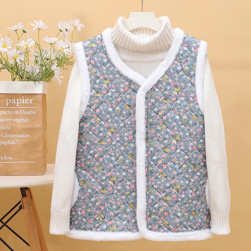 Women's V Neck Sleeveless Vest Slim Fit Casual Floral Print Fleece Lined Waistcoat