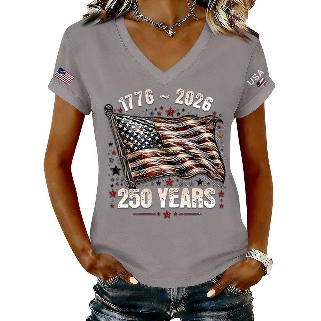 Women's Fashionable V-Neck Casual Retro Print Short Sleeved T-shirt Top