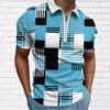 Men's Shirt Polo Casual Zip Short Sleeve Fashion Casual Zipper Summer Spring Regular Fit 3D Blue Square Print Shirt