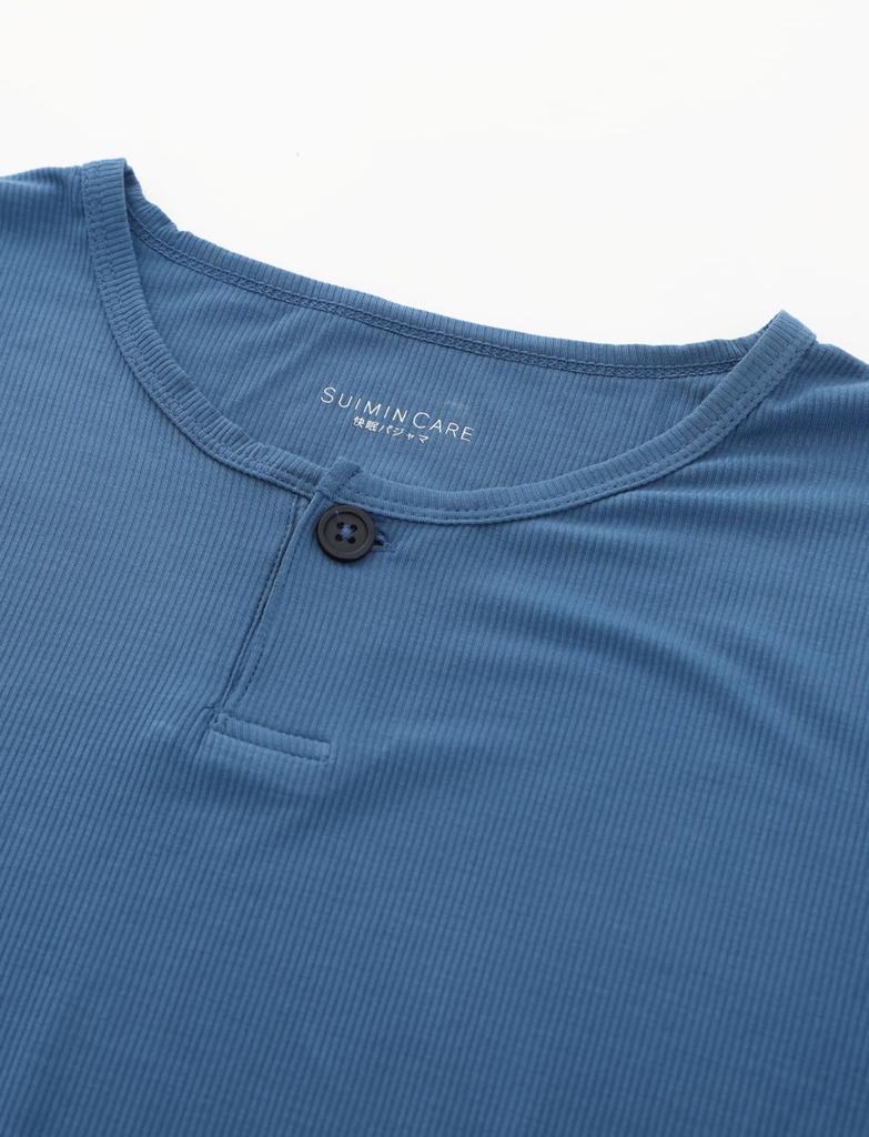 SUIMIN CARE Вязаный рубчик Короткий и Однотонный серый и Размеры и LL Мужская пижама, Рукава, Шорты, Цвет, Лето, Синий, M, L, (М, Синий)