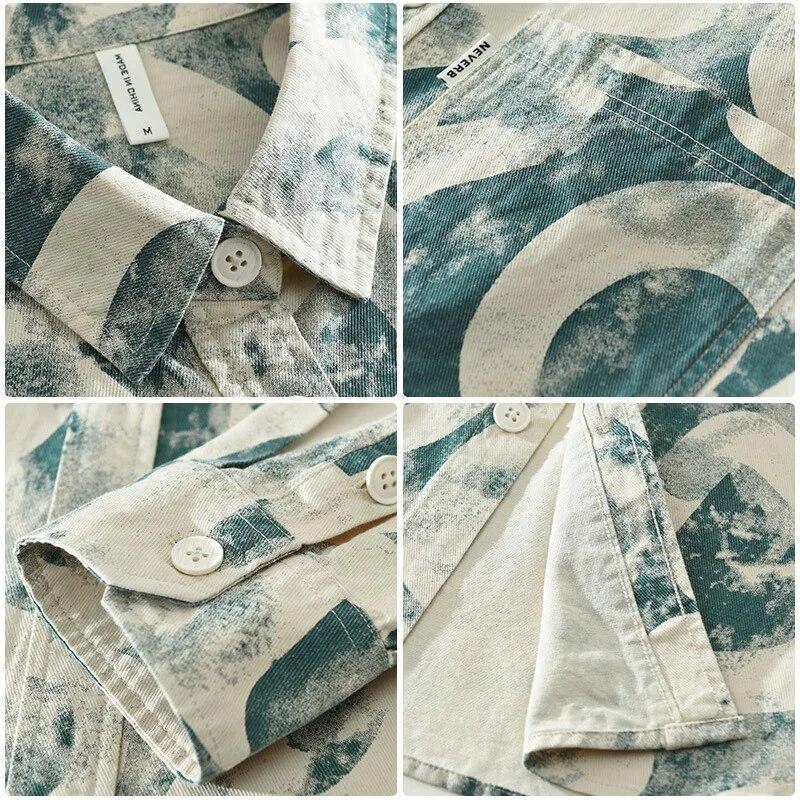 Весенние рубашки с принтом для мужчин, уличная одежда для мальчиков, свободные повседневные топы с длинными рукавами, лацканы, 100% хлопок, мужская одежда