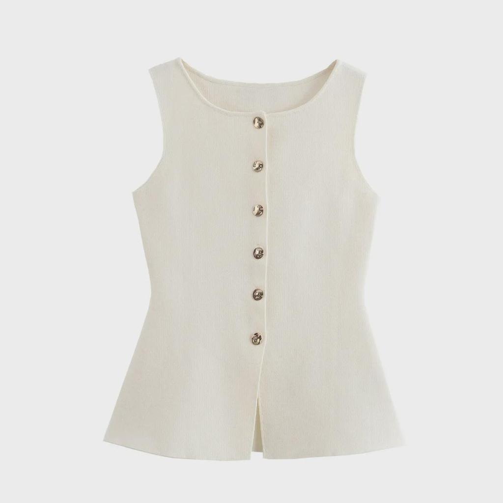 European & American Women's Fashion 2024 Gold Button Flat Stitch Vest Top