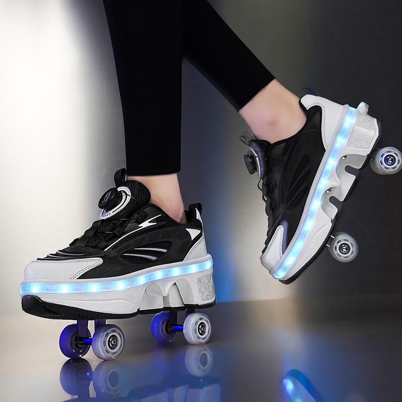 Двухрядные роликовые коньки с четырьмя колесами, светодиодная подсветка, роликовые коньки двойного назначения, мужские и женские повседневные кроссовки, спортивная обувь для прогулок с собакой