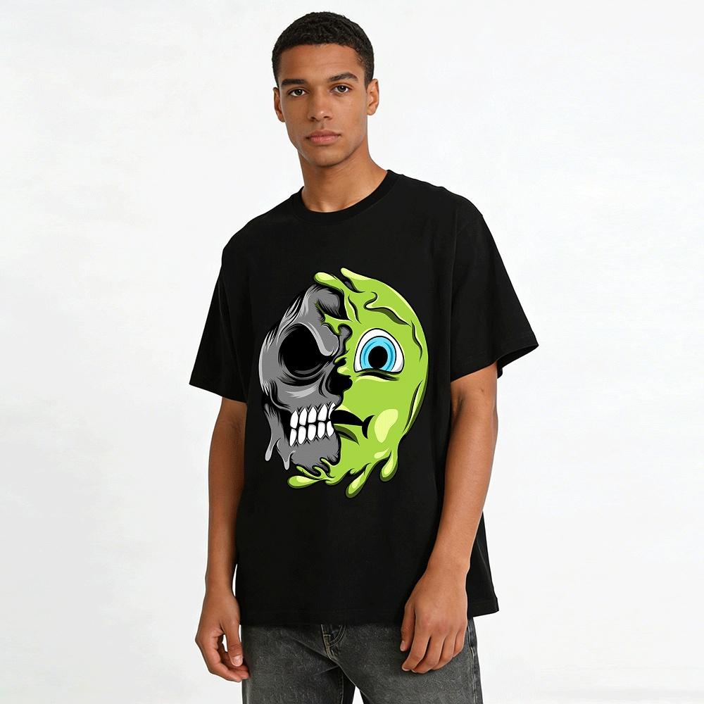 Half Skull Melted Green Face Print Trendy Casual Short Sleeve T-Shirt Pure cotton T-shirt