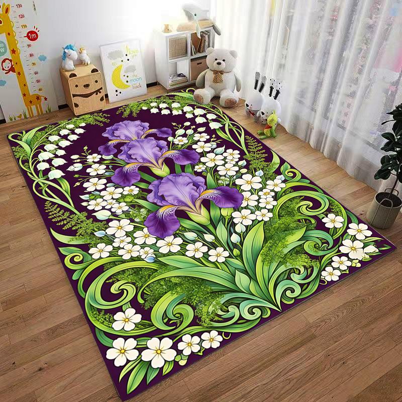 Floral Pattern Carpet with Purple Irises and Green Leaves Decor Suitable for use as an anti-slip for living room bedroom sofas