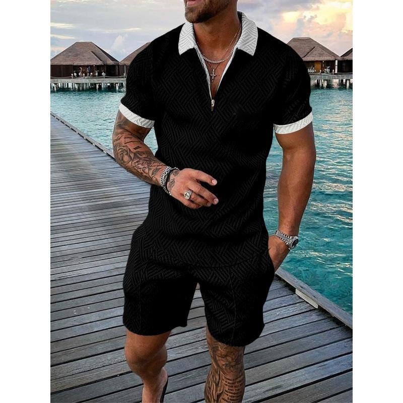 2025 summer men's 3D digital printing short-sleeved polo fashion sports and leisure suit foreign trade men's solid color