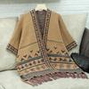 Autumn and Winter Women Print Loose Bat Sleeve Cross Border Cloak Cardigan Knitwear V-Neck Sweater