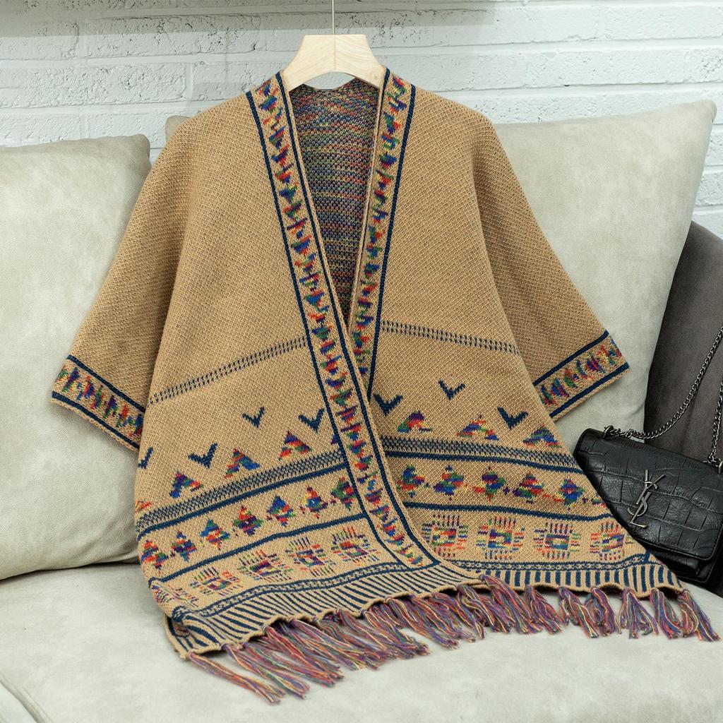 Autumn and Winter Women Print Loose Bat Sleeve Cross Border Cloak Cardigan Knitwear V-Neck Sweater