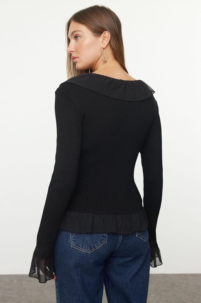 Women's Elegance Style Cardigan Black Tulle Detailed Knitwear Cardigan