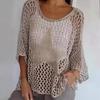 Женский вязаный крючком сетчатый топ с ажурным принтом в виде звезд, свитер с круглым вырезом и длинными рукавами, накидка на пляжную одежду