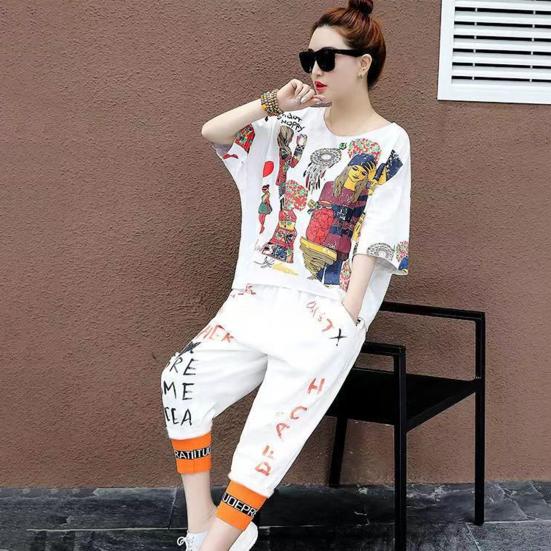 Женский комплект из 2 шт./компл., футболка с V-образным вырезом в стиле хип-хоп и принтом, брюки, топ с ремешками на щиколотке