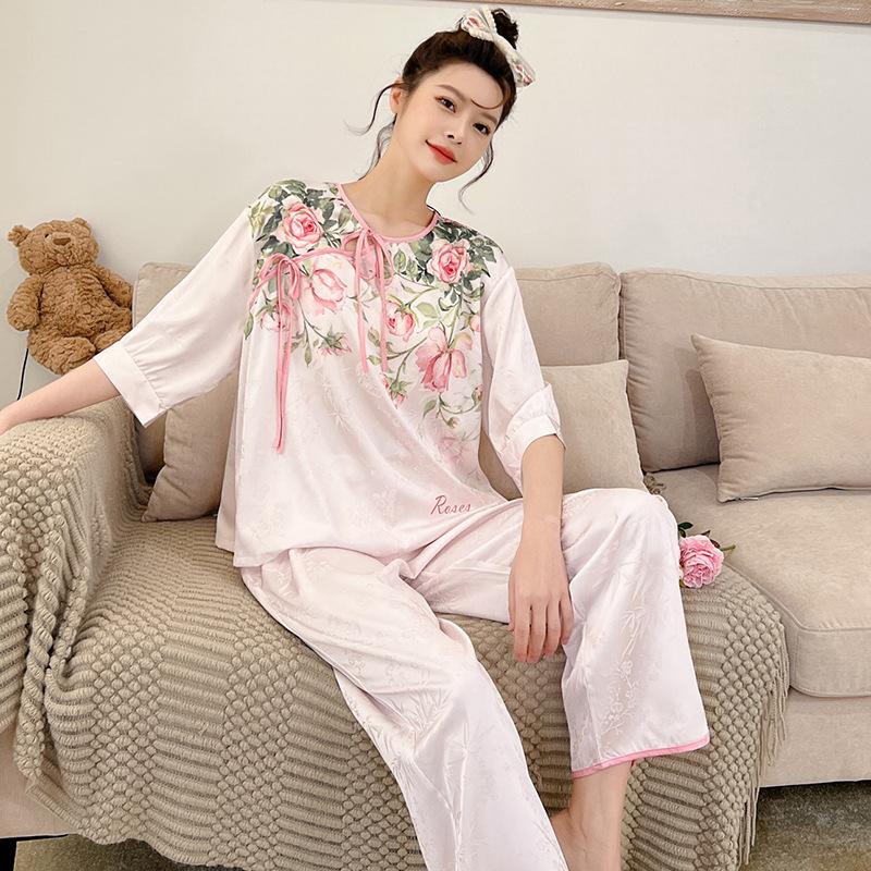 Women's pajamas new spring and summer ice silk comfortable and high-end new Chinese style loungewear set retro thin