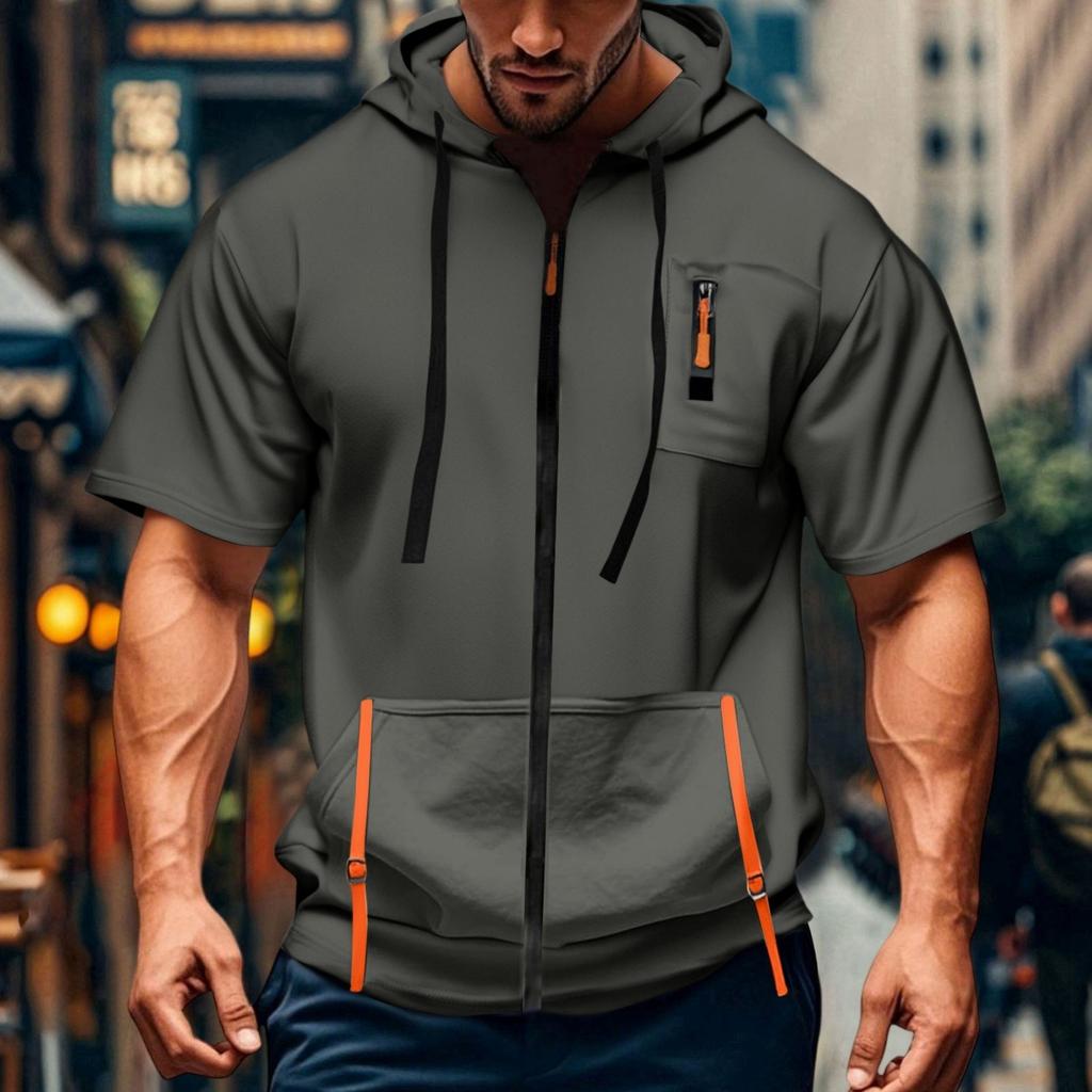 Men's Casual Short-sleeved Sweatshirt. Loose And Breathable Solid-color Sweatshirt Jacket With Multiple Pockets And A Zipper.