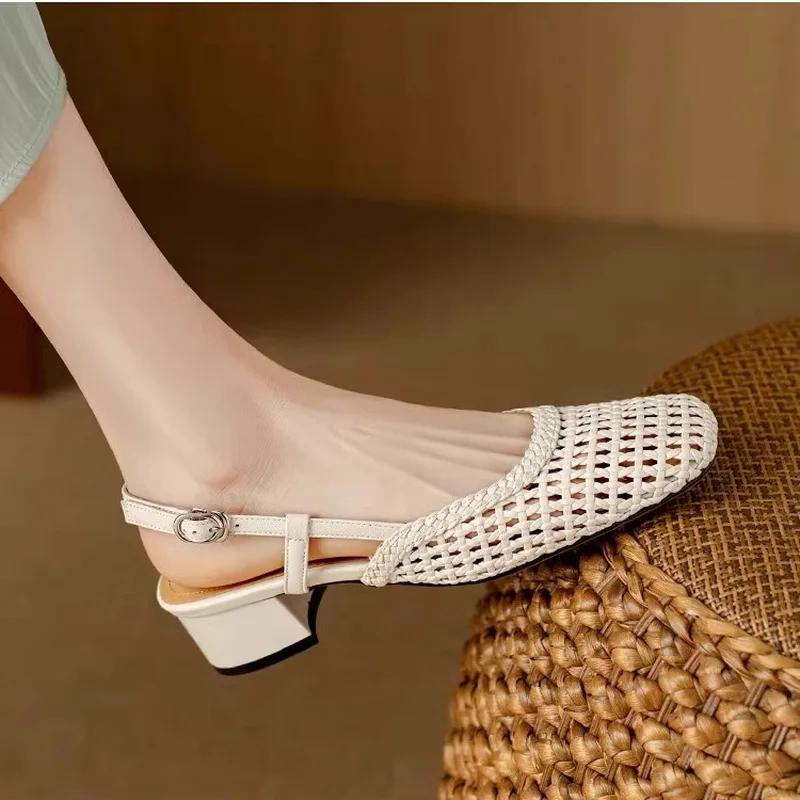 Fashion French Shallow Women's Sandals Summer New Mesh Hole Office Career Shoes Hollow Buckle Strap Roman Mid Thick Heel Sandalias