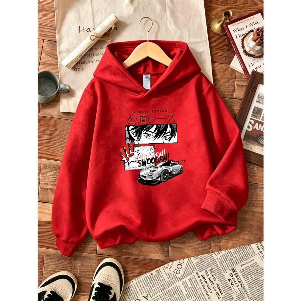 Comic Sports Car Japanese Text Printing Casual and Comfortable Hooded Sweater Cool Style Children's Long-sleeved Pullover