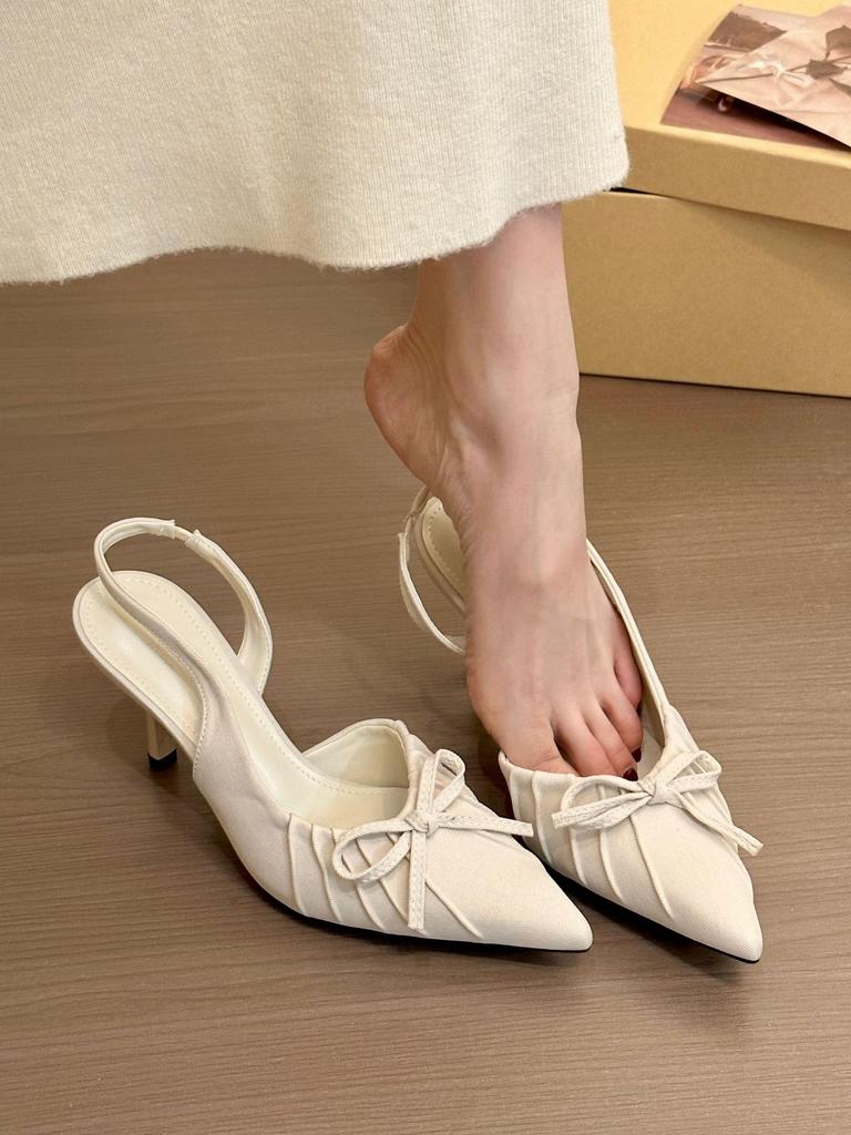 Fairy Wind Bow Pointed Wrinkled Sandals Female 2025 New Fashion Temperament with Skirt High Heels Single Shoes