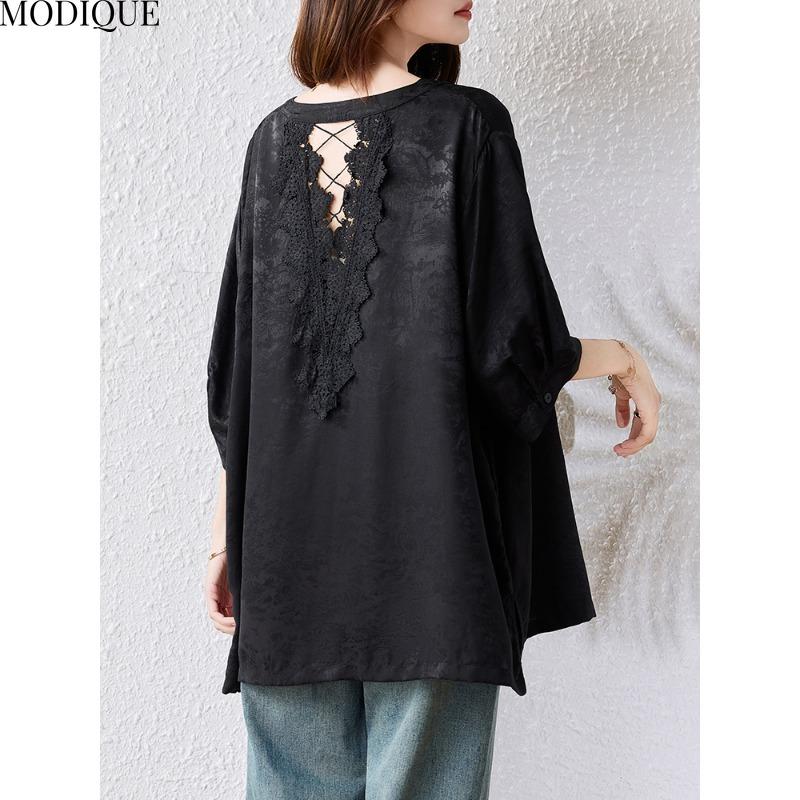MODIQUE Весна Лето Большой Размер Новый Женский Черный Свободный Винтажный Однотонный Блузки Рубашки Женский Повседневный Оверсайз Короткий Рукав Круглый Вырез Топ