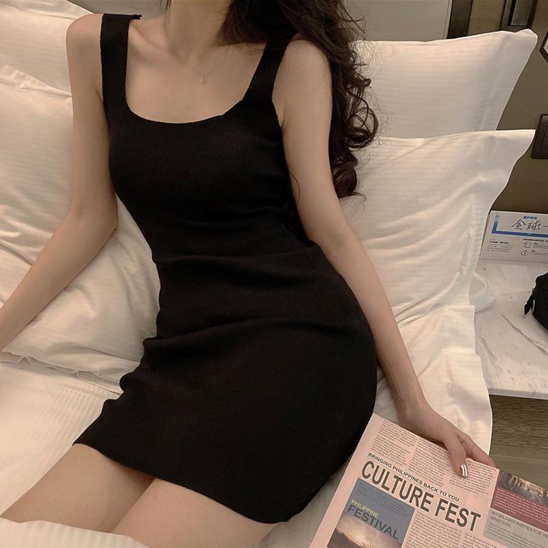 Женское платье-комбинация без рукавов, сексуальное клубное платье, однотонное, с квадратным вырезом, коктейльное, пляжное, вечернее платье