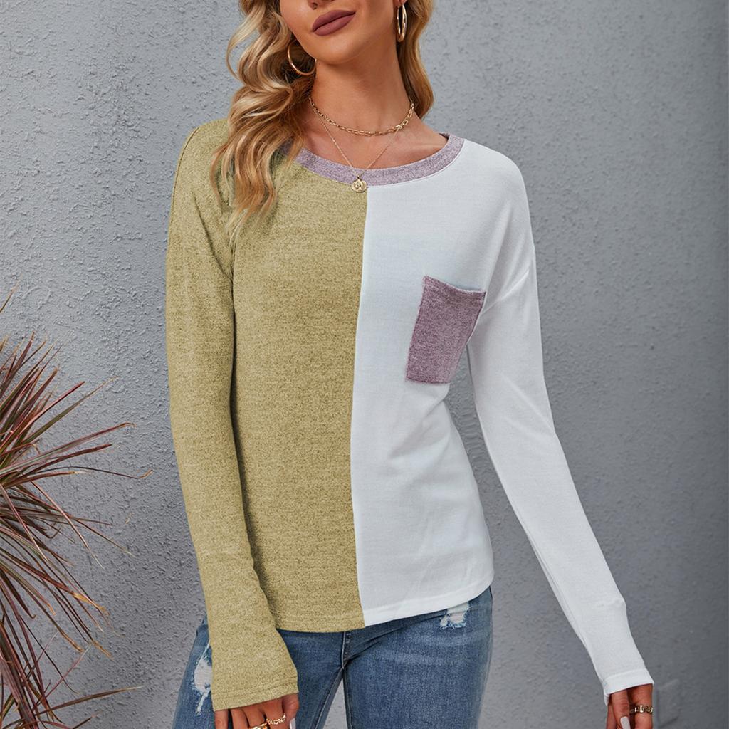Женская повседневная футболка с длинным рукавом и круглым вырезом в стиле пэчворк, свободный женский топ