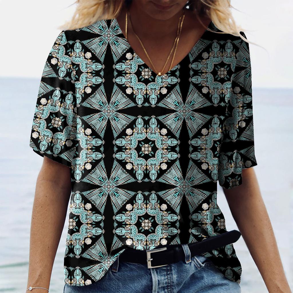 Women XL-7XL Plus Size T Shirt V Neck Short Sleeve Tops 3D Floral Print T Shirts Summer Lovers Couples T Shirt