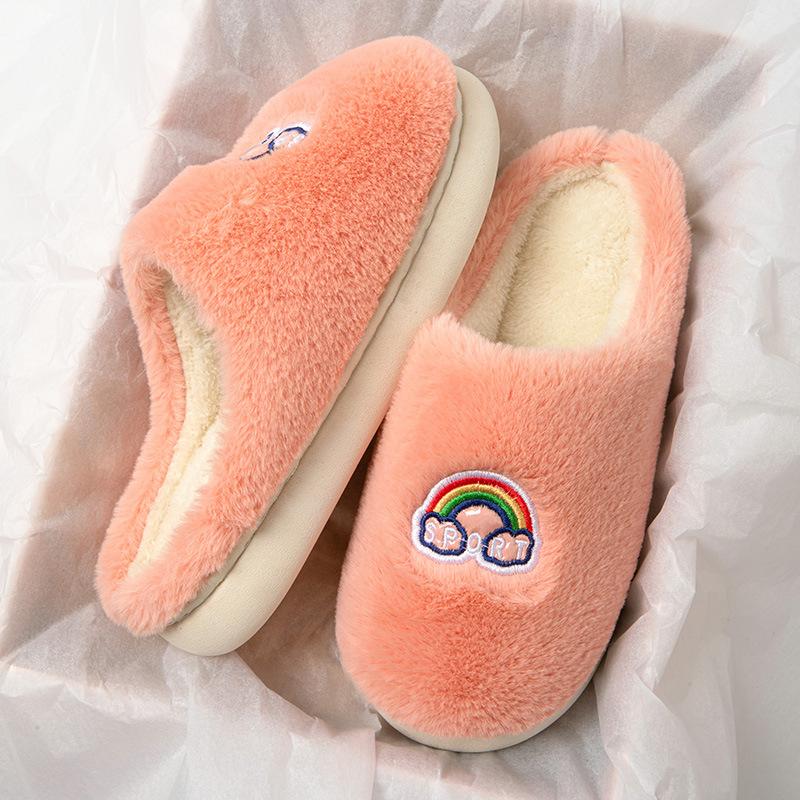 Модные зимние тапочки с героями мультфильмов, модная корейская версия для мужчин, женщин, пар, радужная домашняя обувь на толстой подошве из хлопка с противоскользящей подошвой, повседневная обувь