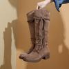 Ретро бахромчатые рыцарские сапоги женские средней высоты толстый каблук осень и зима новые этнический стиль матовые женские сапоги