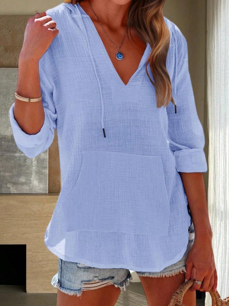 Women's Beach Cover Up Hoodie Long Sleeve V Neck Pocket Hooded Sweatshirt Top