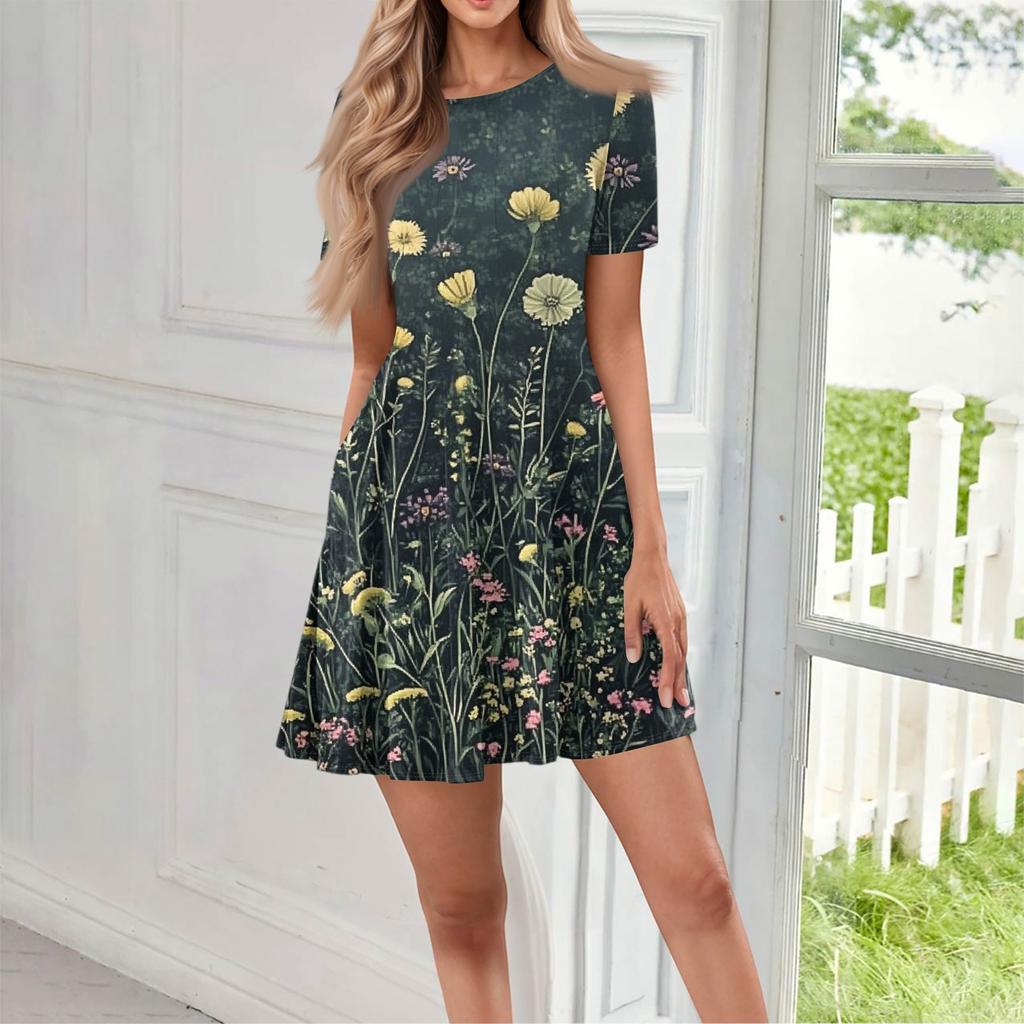 Женское повседневное модное короткое платье с круглым вырезом и коротким рукавом с цветочным принтом и карманами
