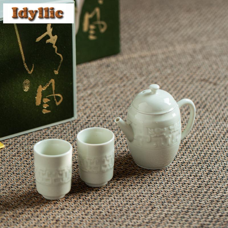 Белый рельефный чайный сервиз печи Дин, полный набор, ручная работа, набор для чайной церемонии, набор чайник и чайные чашки, чайный сервиз, украшения
