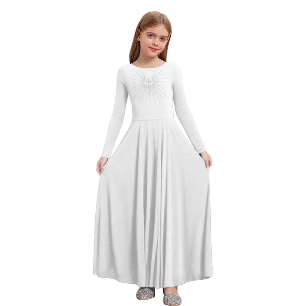 Girls Worship Dance Costume Long Sleeve Round Neck A Line Maxi Dress Glittery Rhinestone Choir Outfit