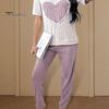 2 Pcs/Set Women Winter Pajamas Set Round Neck Heart Pattern Short Sleeve Homewear Top Pants Set Loose Loungewear Lady Nightwear Set