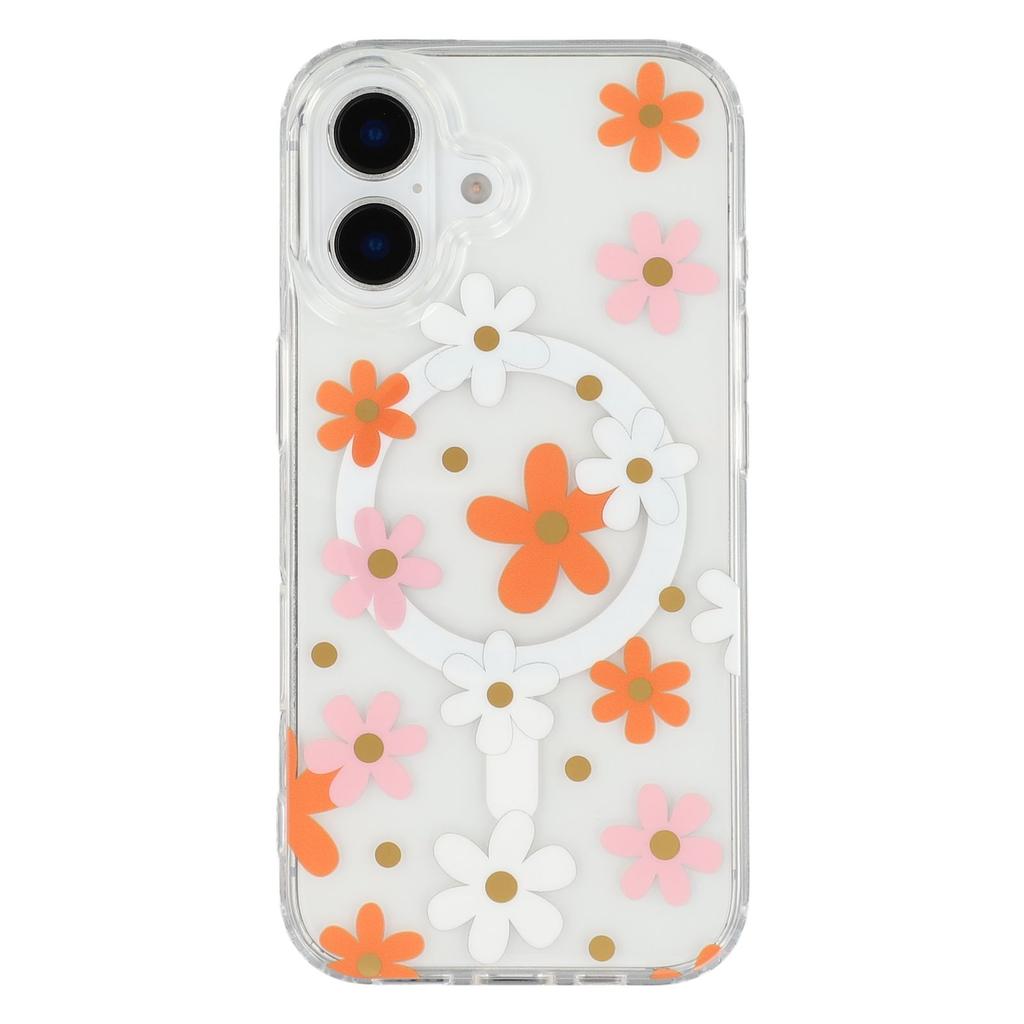 For iPhone 16 Magnetic Case IMD Flower Pattern TPU+PC Clear Back Phone Cover