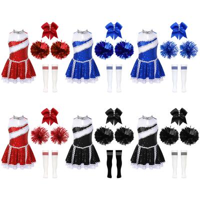 Girls Shiny Sequins Invisible Zipper Back Dress Cheerleading Set Bowknot Headwear Hand Flowers Striped Socks