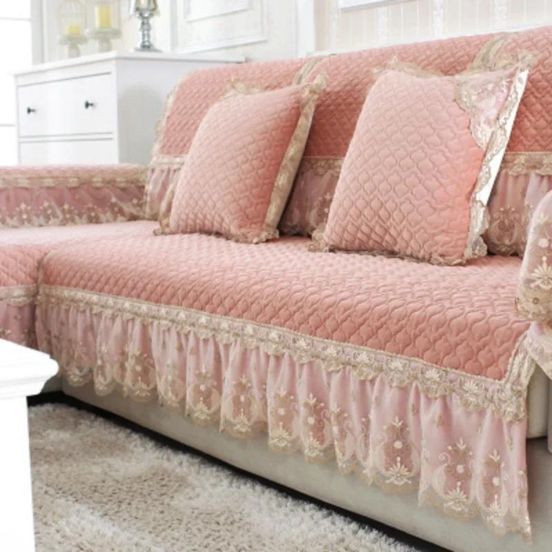 Европейский стиль большой юбка диван коврик четыре сезона короткий плюшевый нескользящий диван чехол простой кружевной однотонный полотенце для спинки