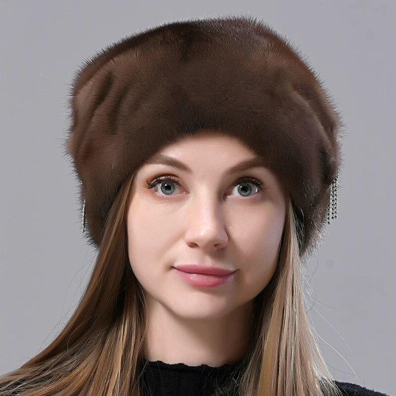 Fur Hats Women Winter Stylish Warm Natural Mink Fur Luxury Caps Windproof Anti Cold Snow Ball Diamond Hat