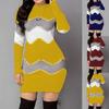 Women Autumn O Neck Long Sleeve Color Block Bodycon Warm Mini Sweater Dress